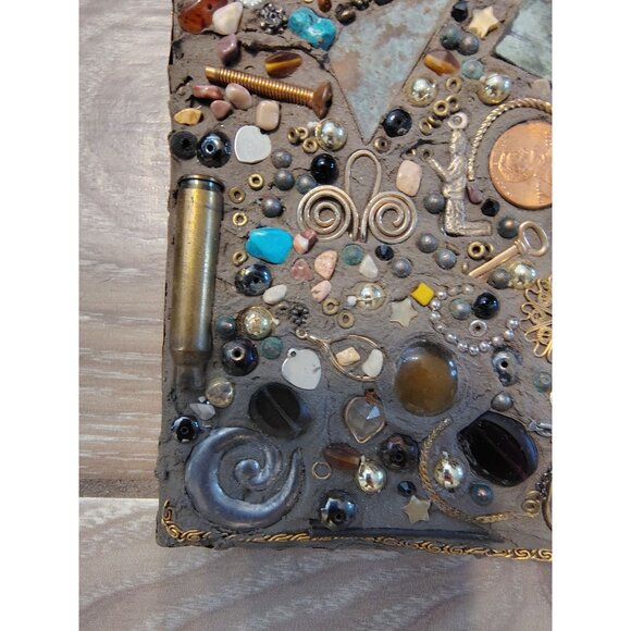Mixed Media Steampink Mirror Wall Art, Coins, Beads, Pottery Copper Nailed Trim - Picture 7 of 10
